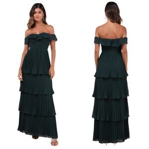 Lulus Always Remarkable Emerald Pleated Off-the-Shoulder Maxi Dress size Large